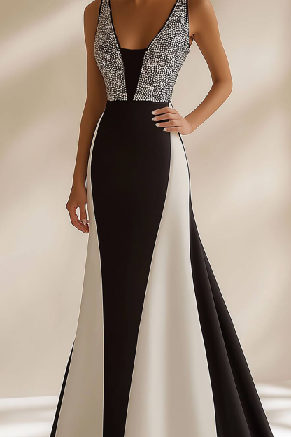 Evening Formal Dress Sequins Black and White Straps Long Prom Dress