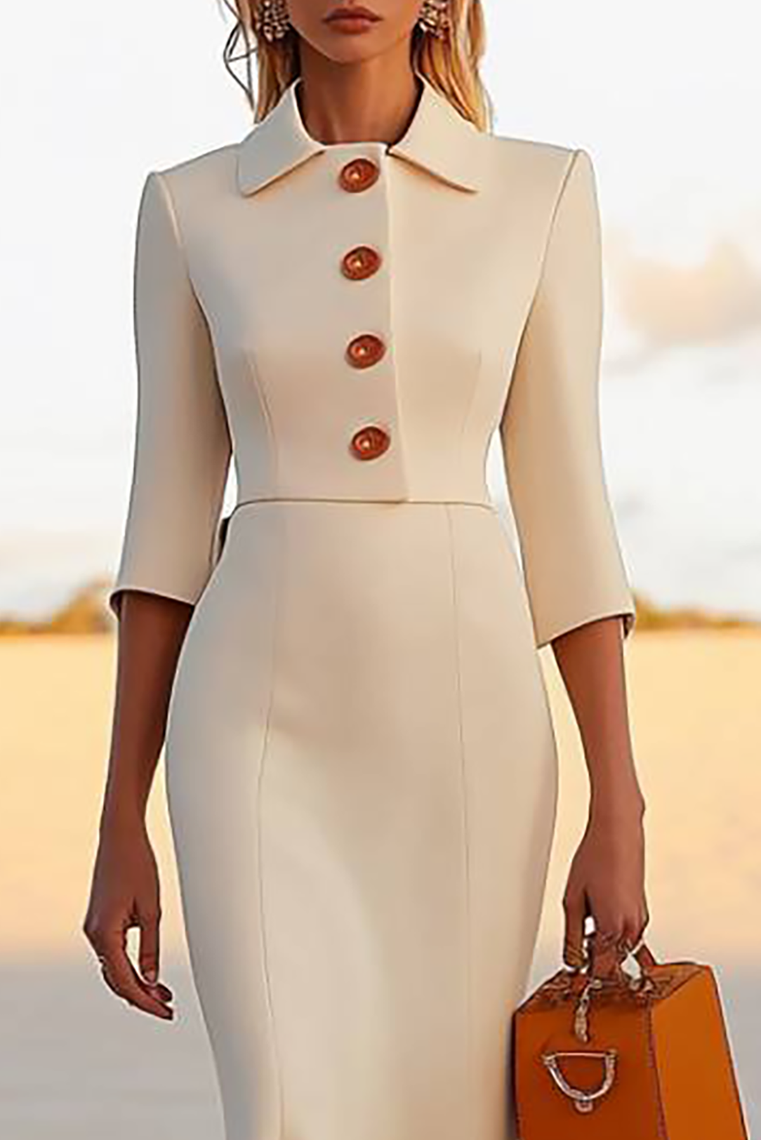 Work Semi-Formal Beige Dress Long Sleeves Midi Dress With Buttons