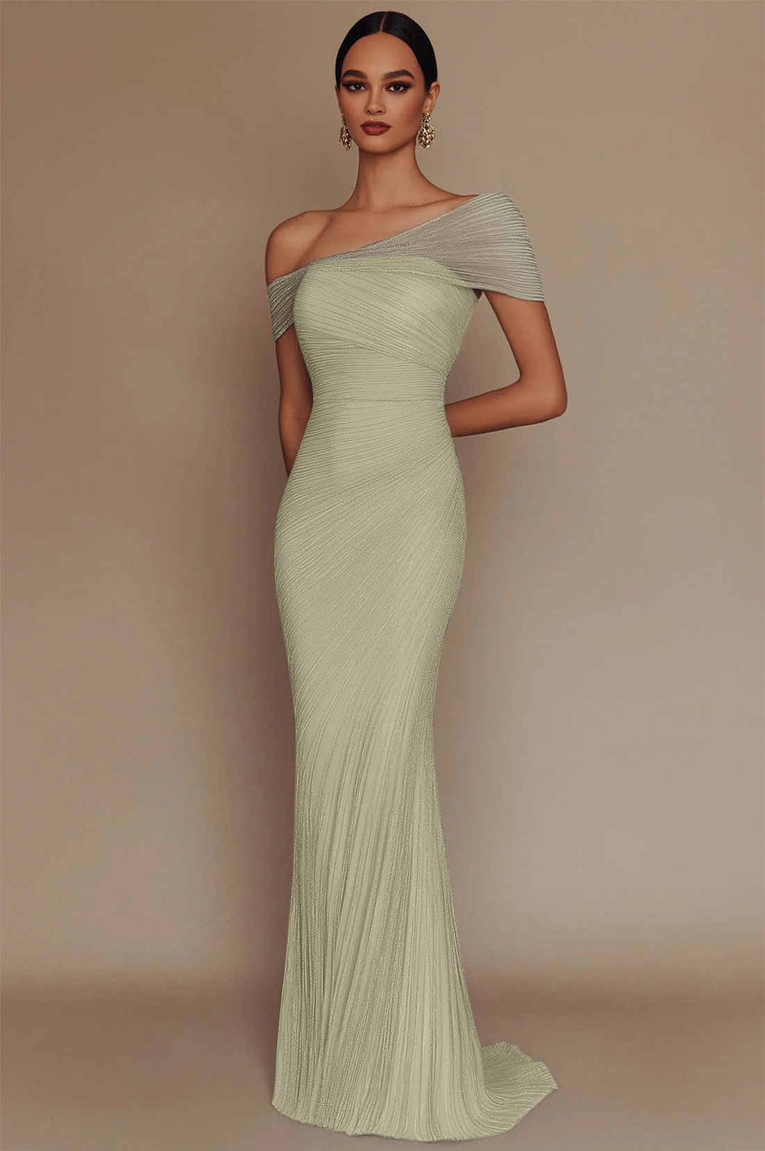 Evening Prom Light Blue Gown One Shoulder Glitter Pleated Maxi Dress