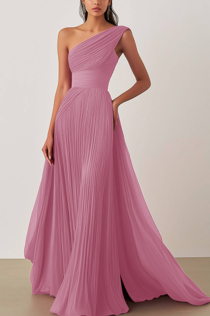 Prom Formal Pleated Dress Rose Color One-Shoulder Floor-Length Dress