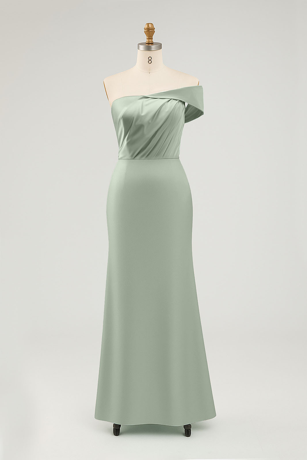 Evening Prom Sage Green Dress One Shoulder Satin Pleated Maxi Dress