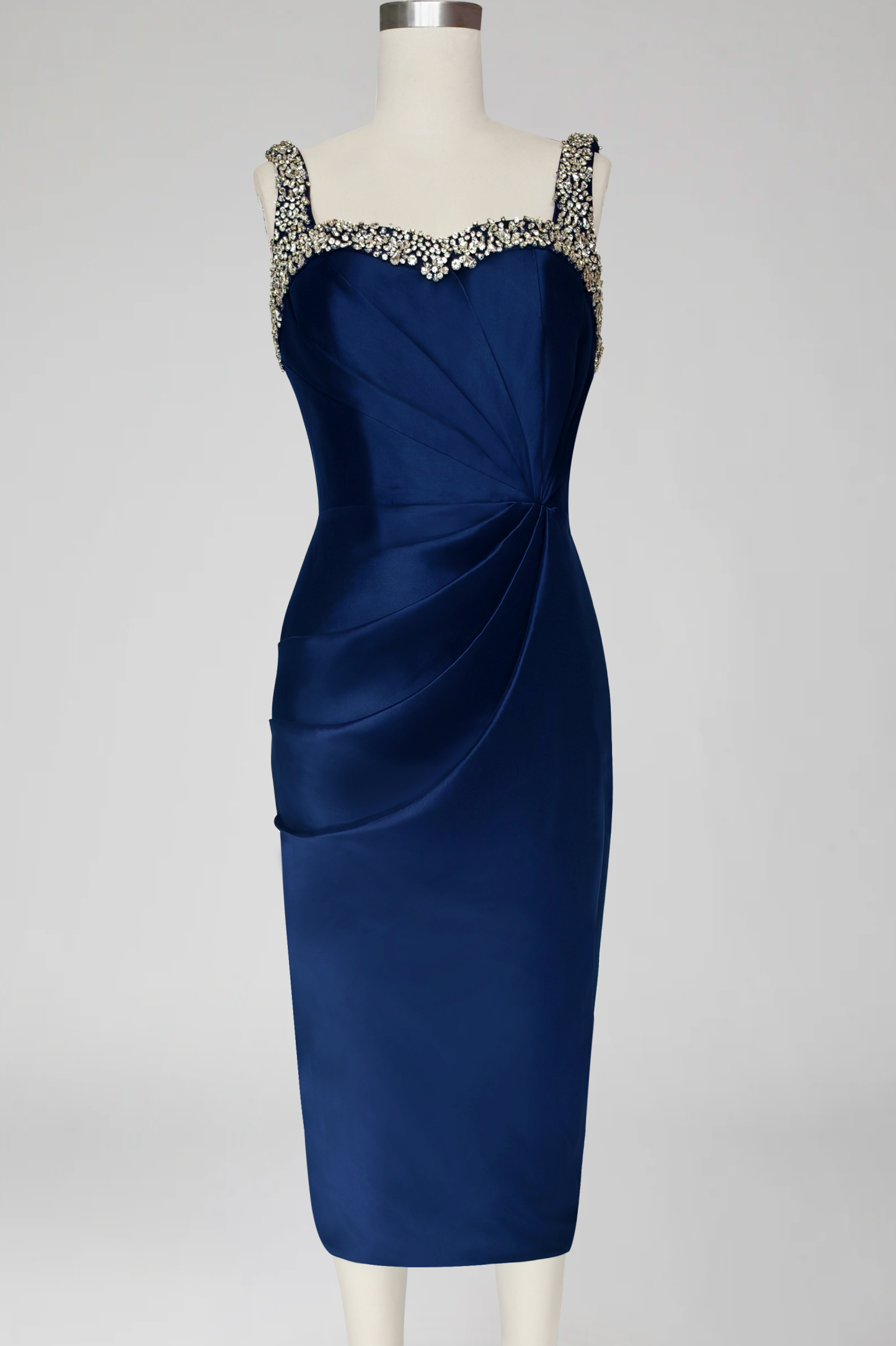 Cocktail Party Satin Dress Dark Blue V Neck Hand-Beaded Knee-Length Dress