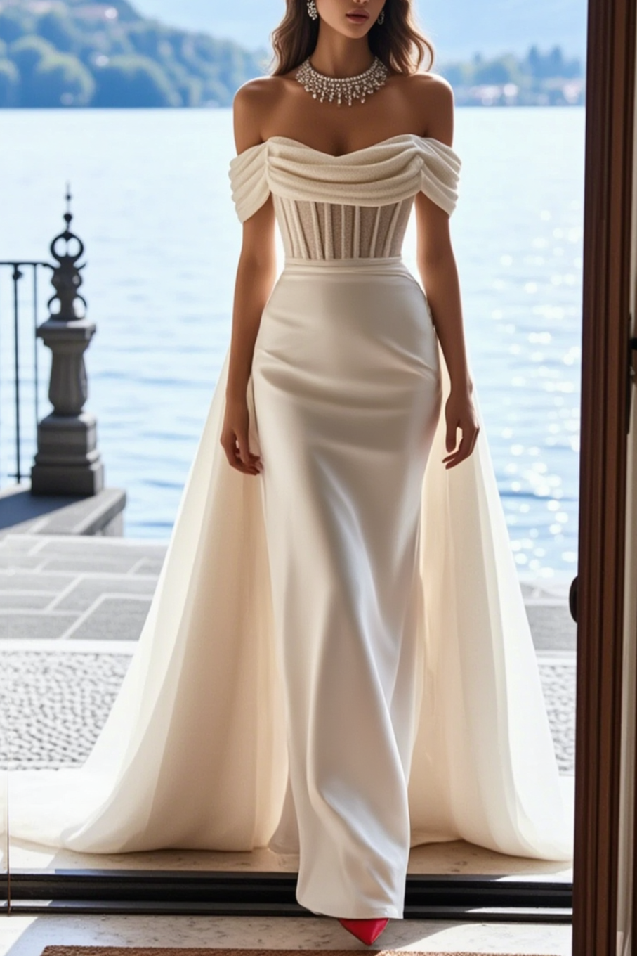 Formal ​Wedding Dress White Strapless with Train Maxi Corset Dress