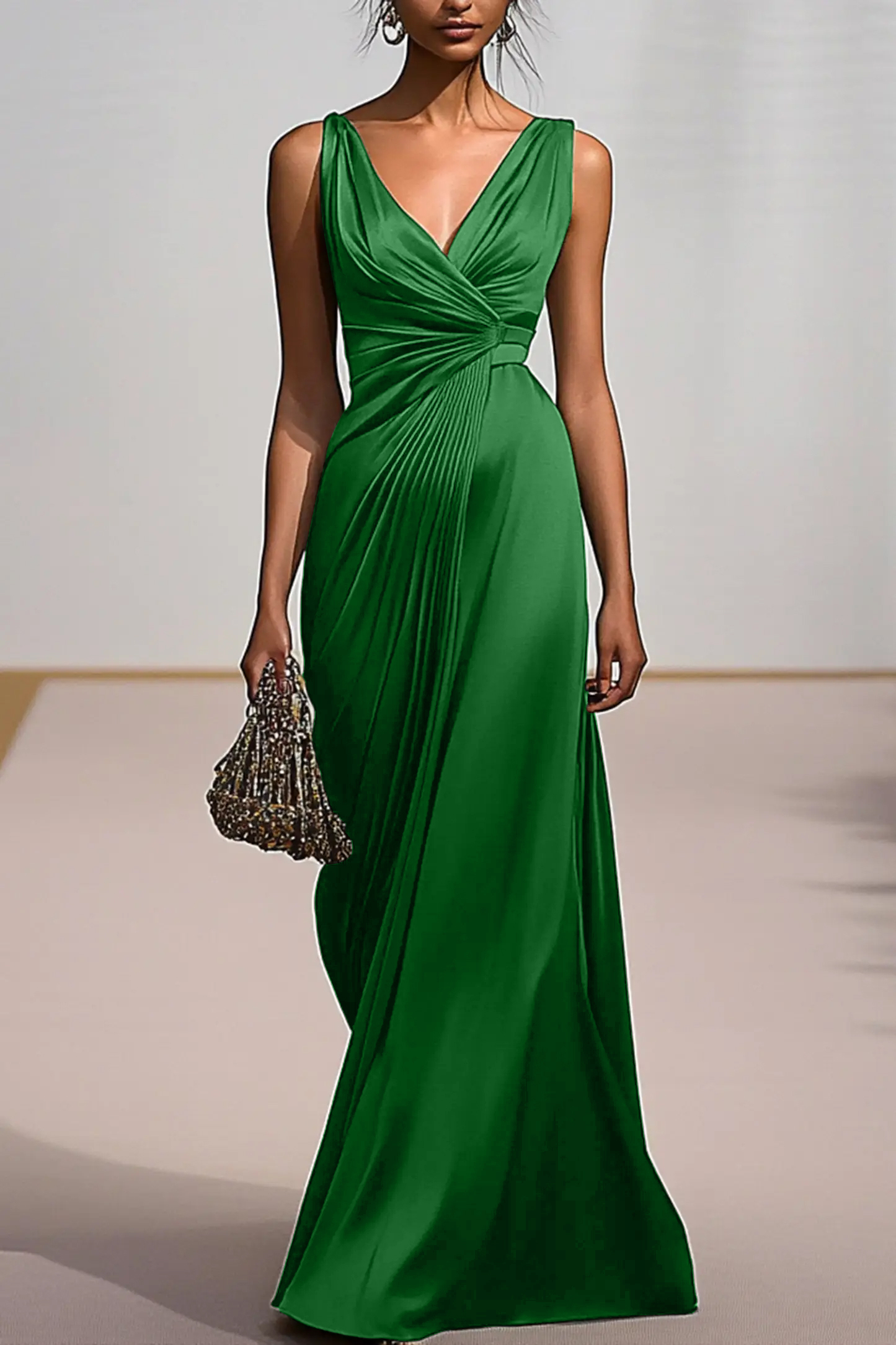 Deep V Formal Dress Green Pleating Maxi Dress Mother of the Bride Dress