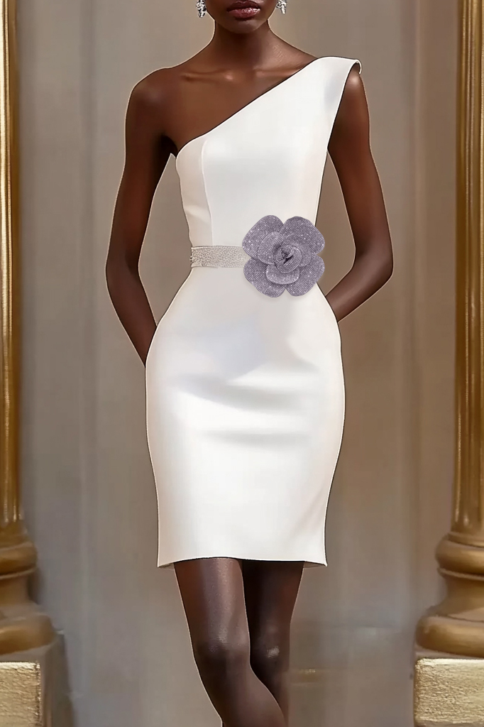 Off-Shoulder Rhinestone Flower Midi Dress