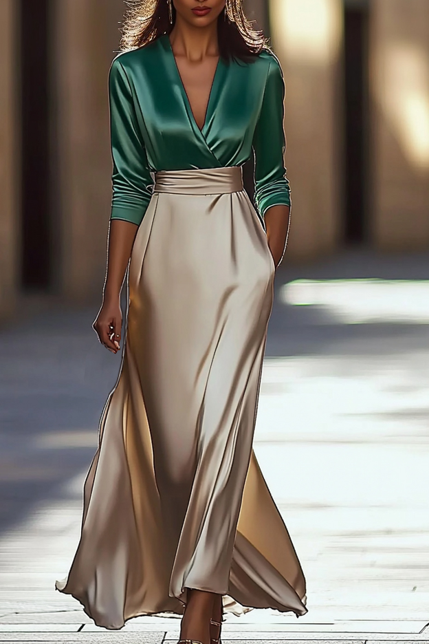 Elegant Cathedral Work Maxi Dress V-Neck Long Train Latin Green Beige 