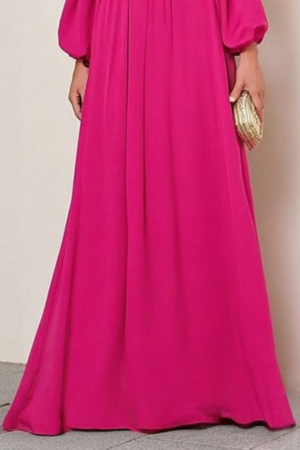 Formal ​Evening Dress Neon Pink Crew Neck Long Sleeve Maxi Dress