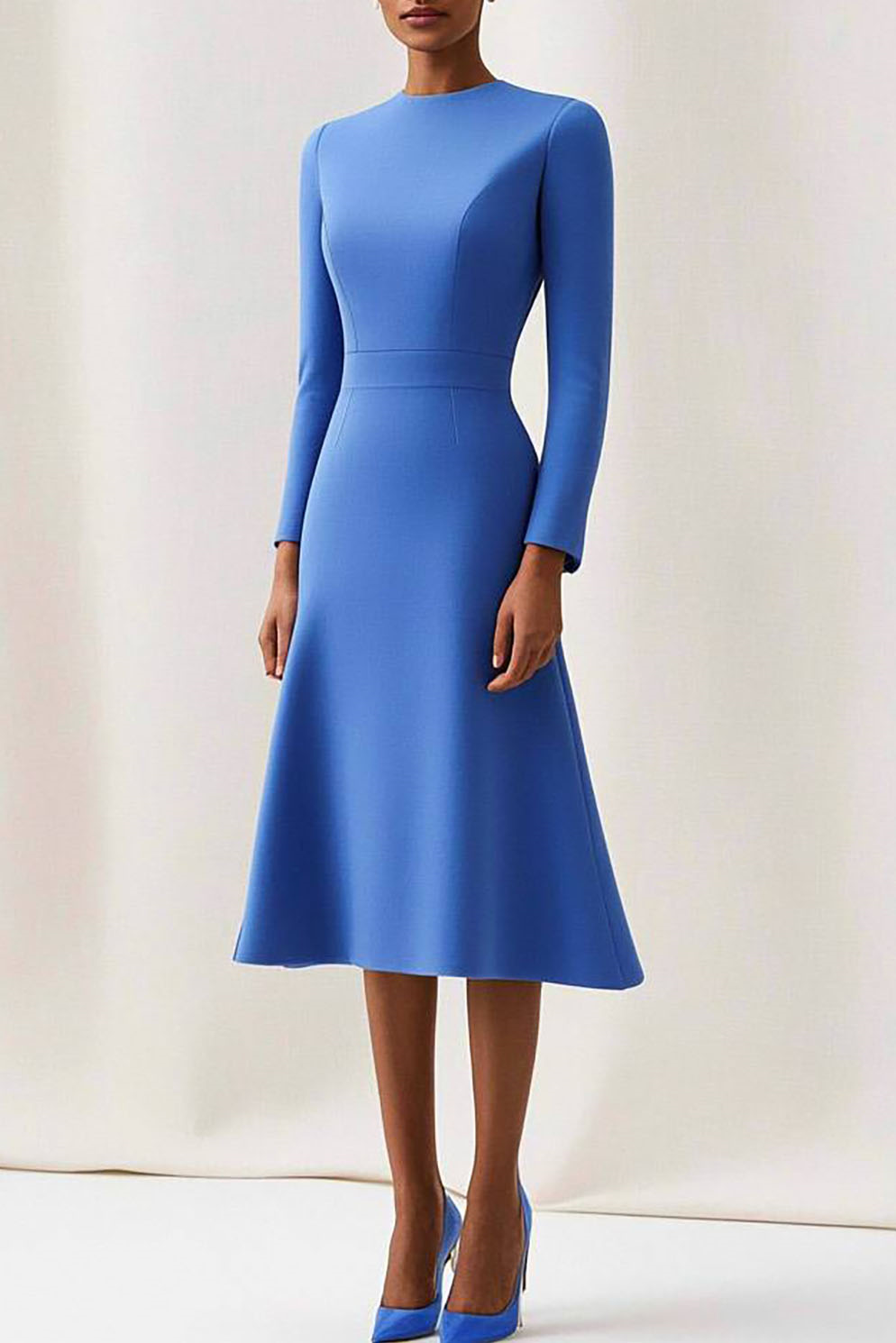 Semi-Formal Work Dress Blue Round Neck Long Sleeve Midi Dress