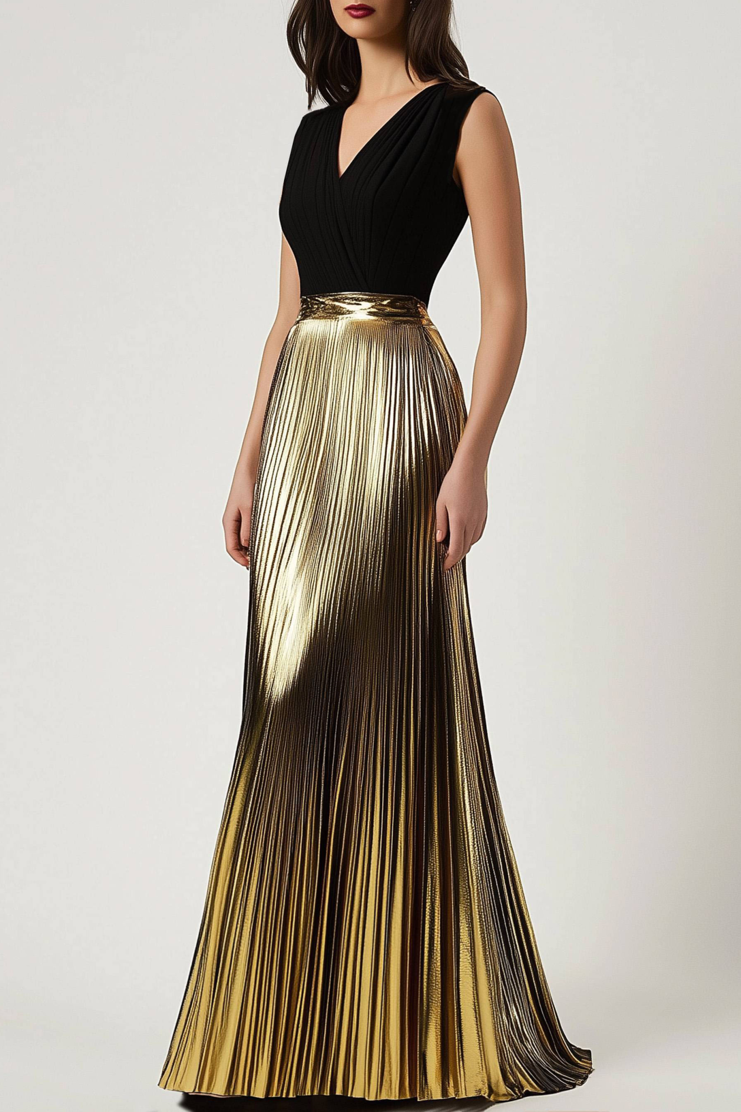 Evening Formal Dress Black-Gold V-neck Metallic Pleated Floor-Length D