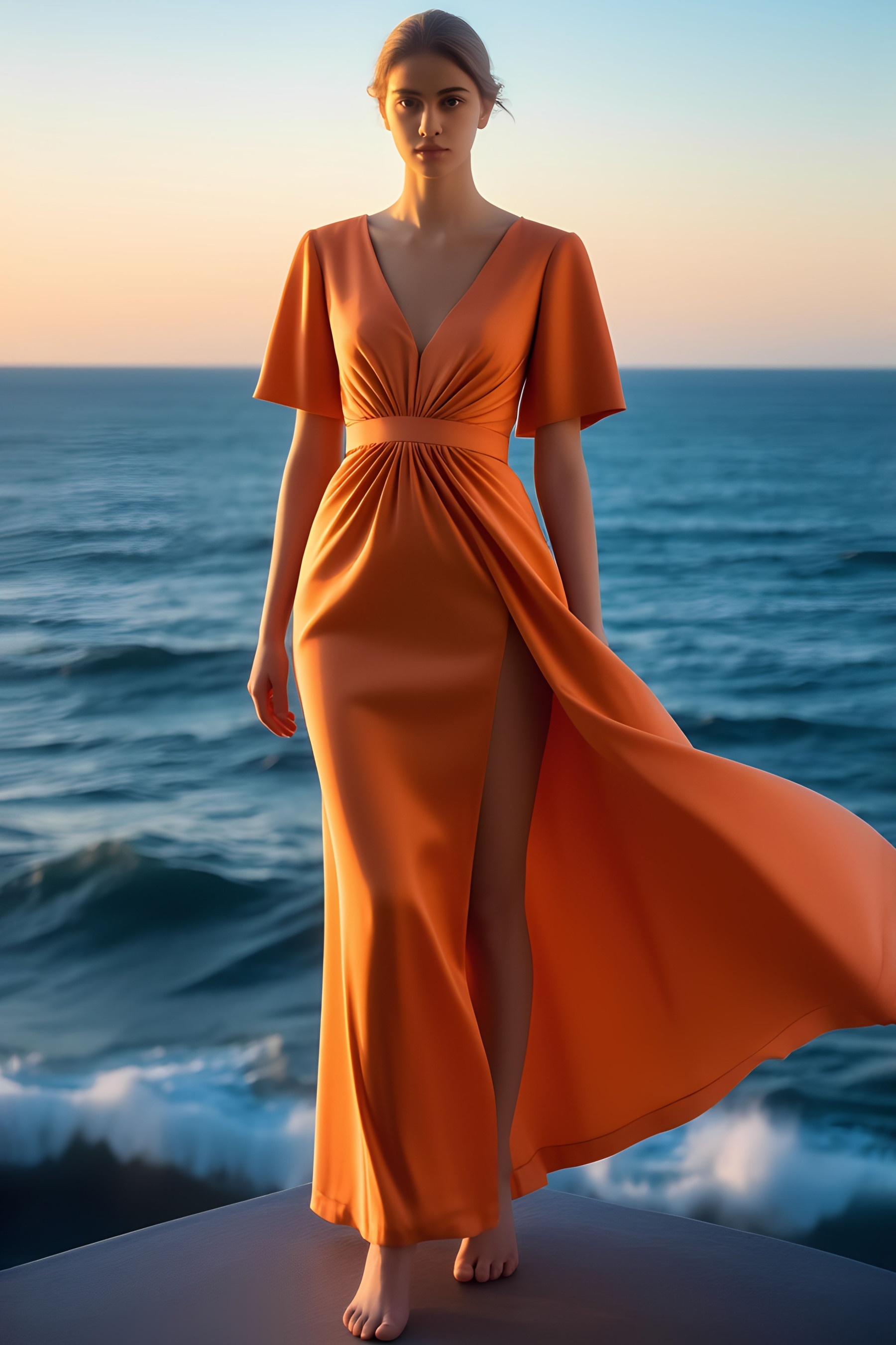 Evening Formal Dress Orange V-neck High Slit Maxi Dress