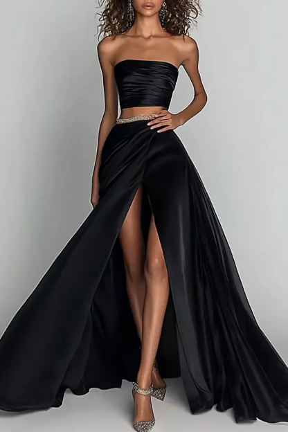 Party Set Black Strapless High Slit Floor-Length Skirt Two-Piece Set