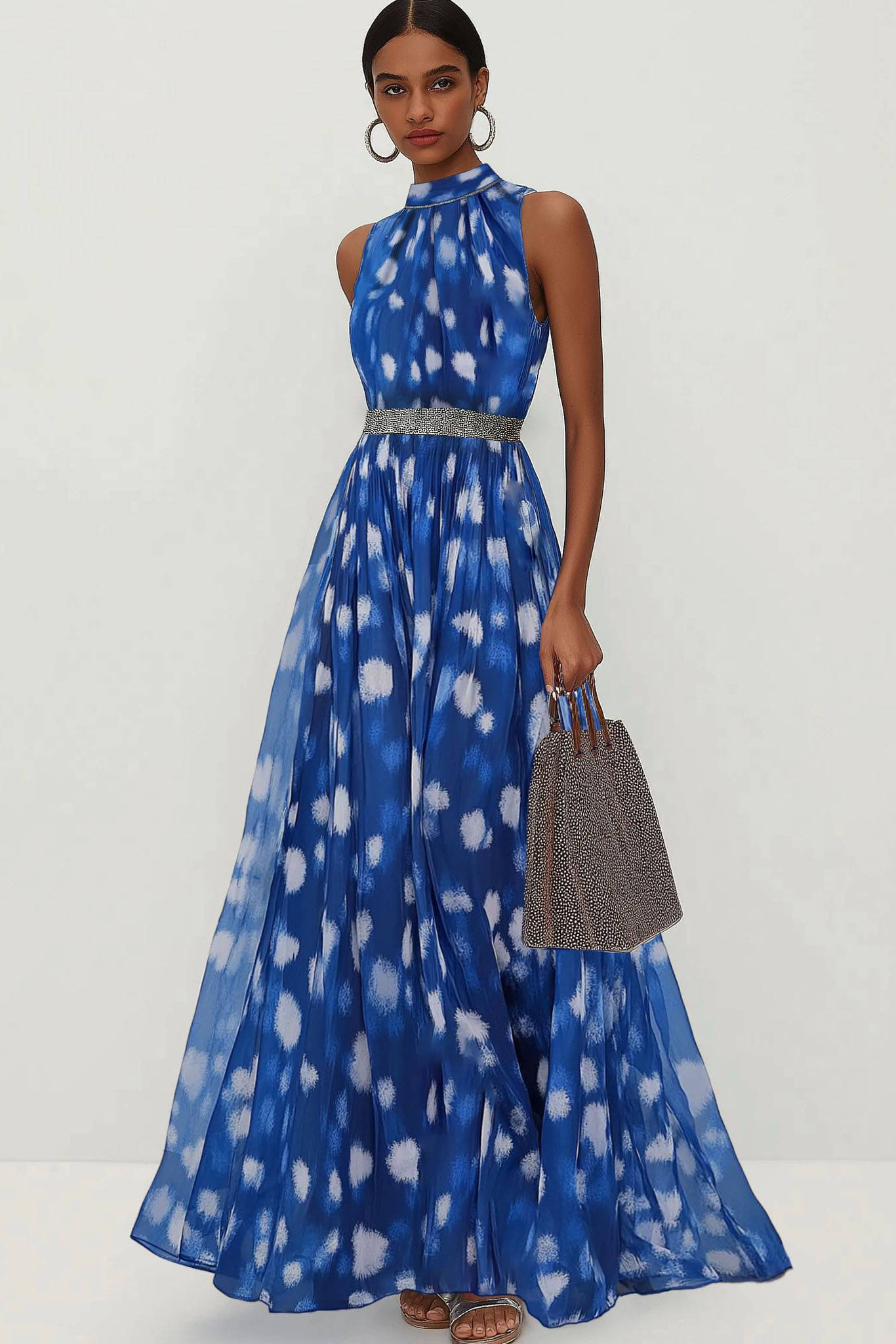 Party Semi-Formal Dress Blue Sleeveless Chiffon Silver Belt Maxi Dress