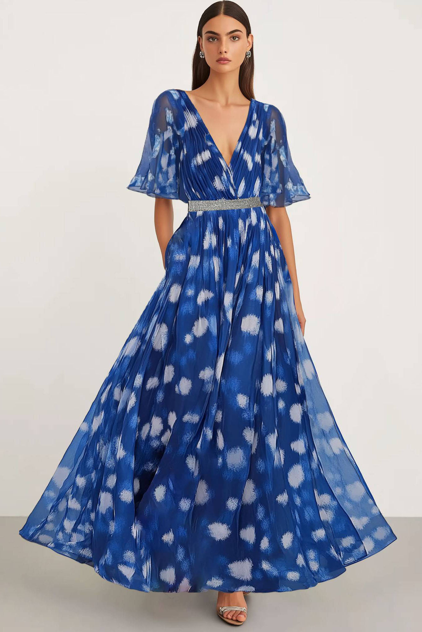 Party Semi-Formal Dress Blue Deep V-neck Chiffon Silver Belt Maxi Dress