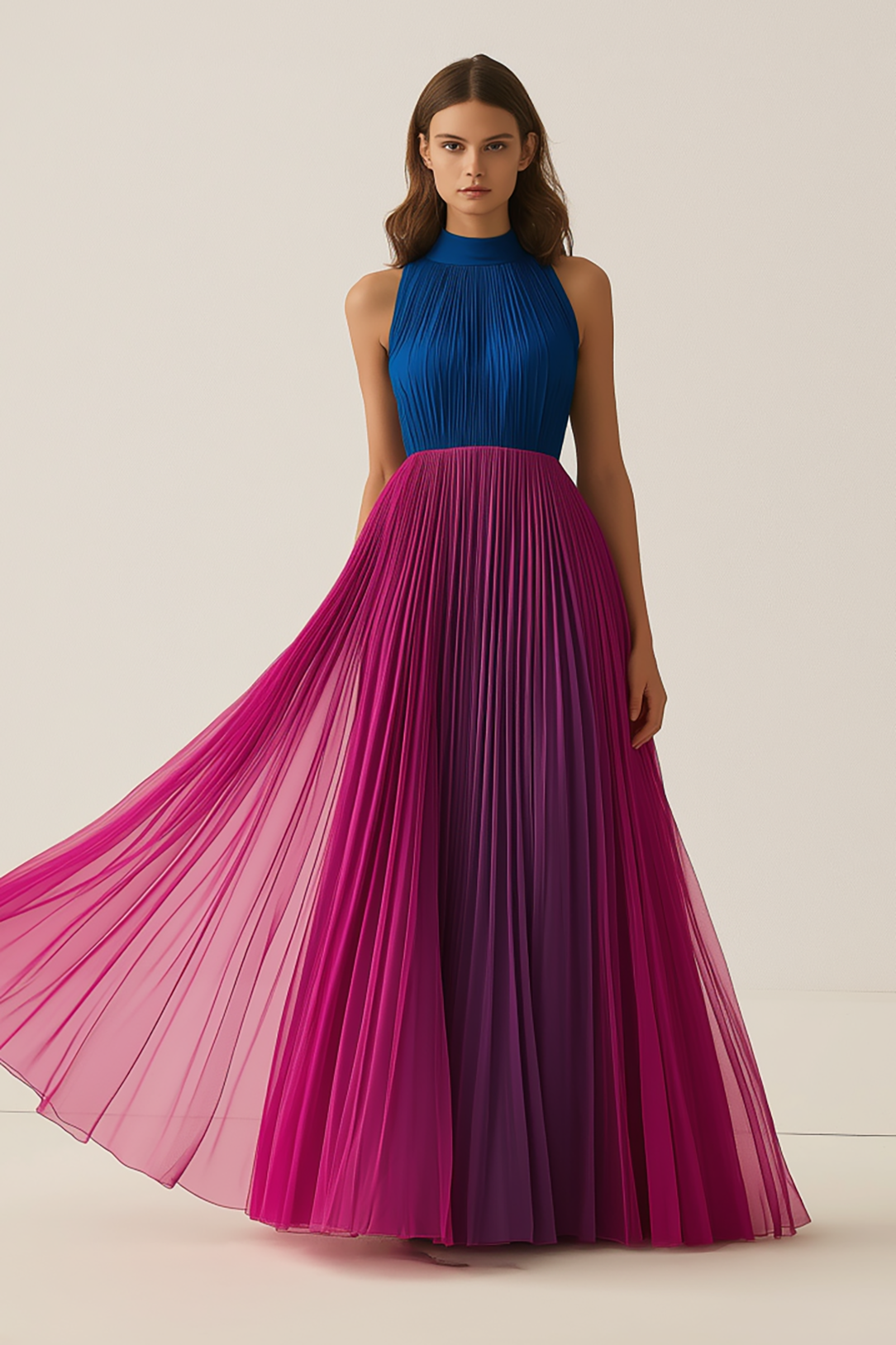 Formal Chiffon Dress Fuchsia Blue Sleeveless Pleated Floor-Length Gown