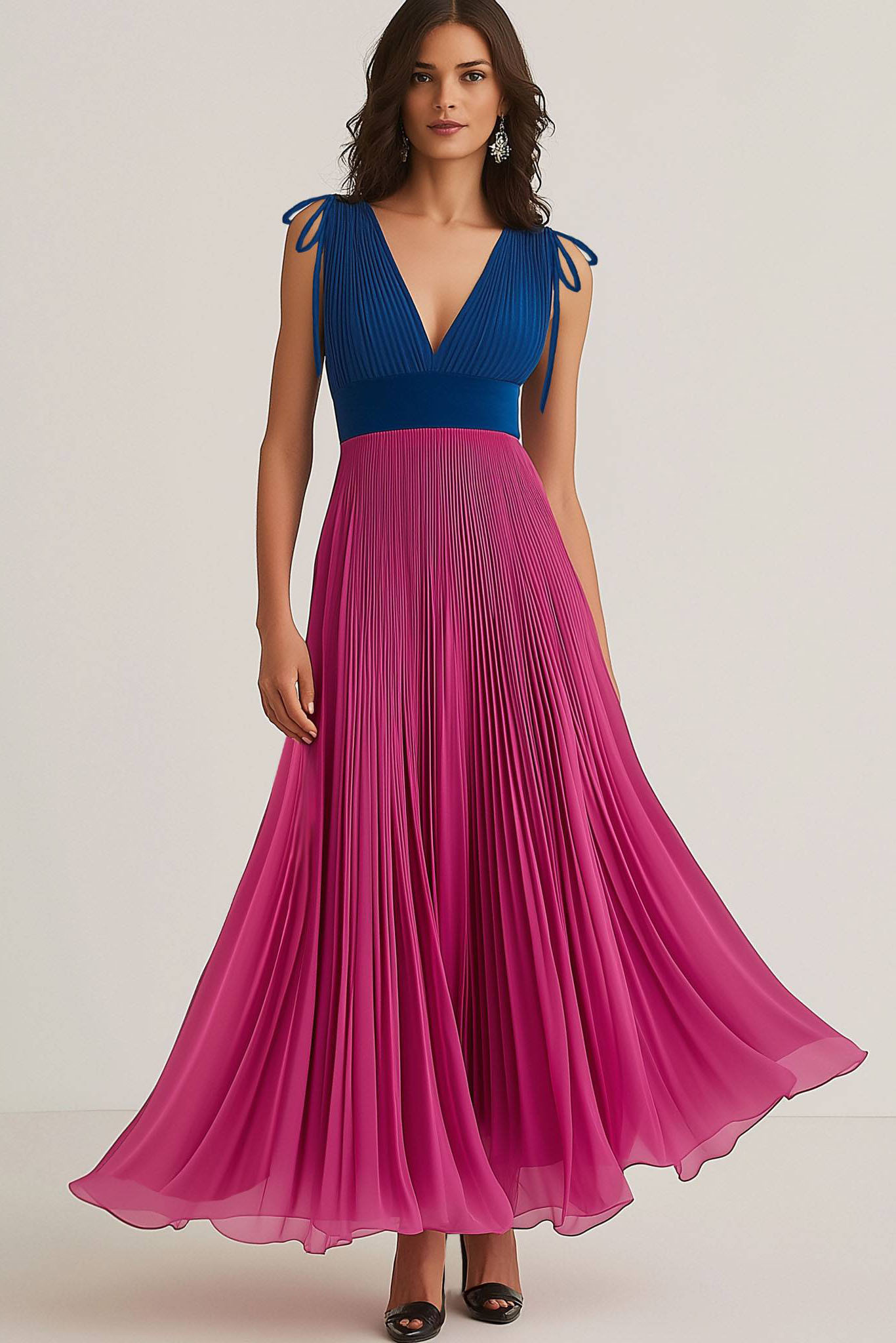 Party Chiffon Dress Pleated Fuchsia Blue V-neck Sleeveless Maxi Dress