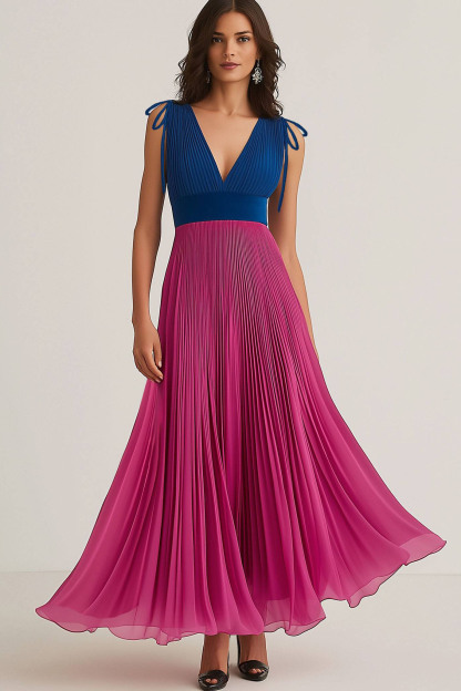 Party Chiffon Dress Pleated Fuchsia Blue V-neck Sleeveless Maxi Dress