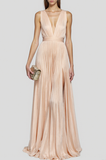 Formal Evening Satin Dress Light Pink Deep V Pleated Floor-Length Gown