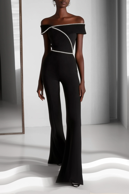 Semi-Formal Party Jumpsuit Black One-Shoulder Bell Bottom Pants