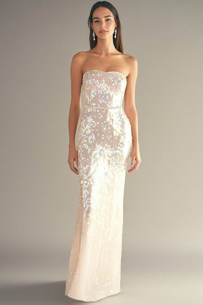 Formal Sequin Strapless Dress Light Pink Form-Fitting Floor-Length Gown