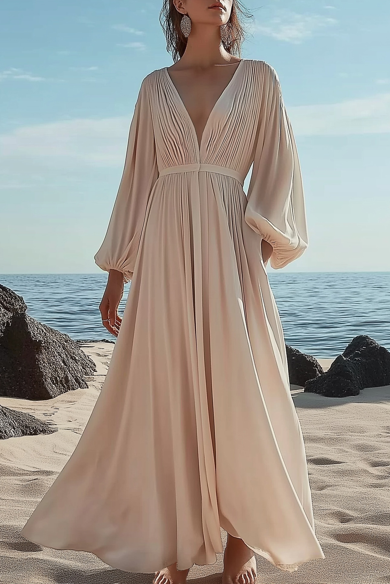 Casual Vacation Dress Beige V-Neck Puff Sleeve Maxi Dress