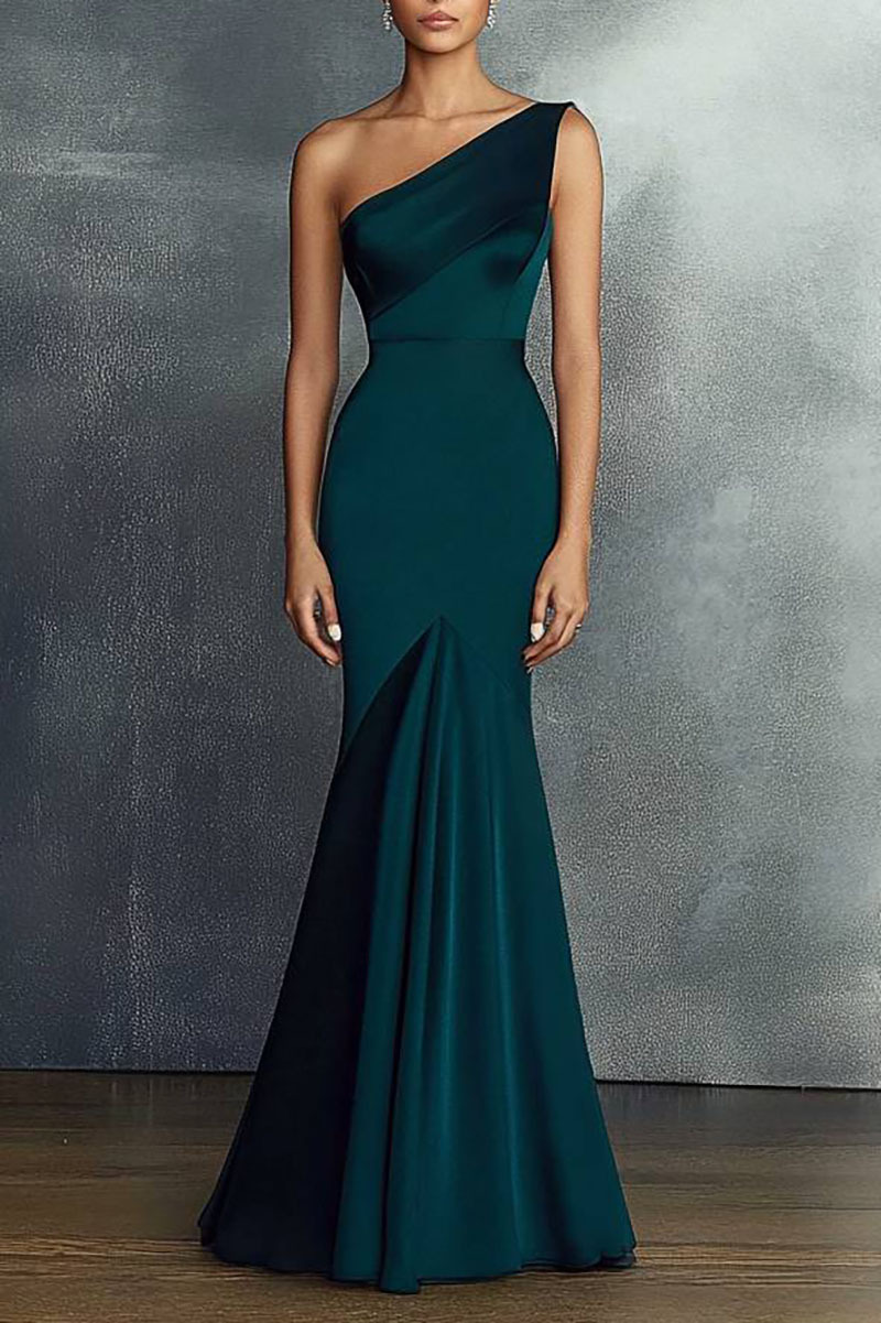 Formal Evening Dress Deep Green One-Shoulder Mermaid Floor-Length Gown