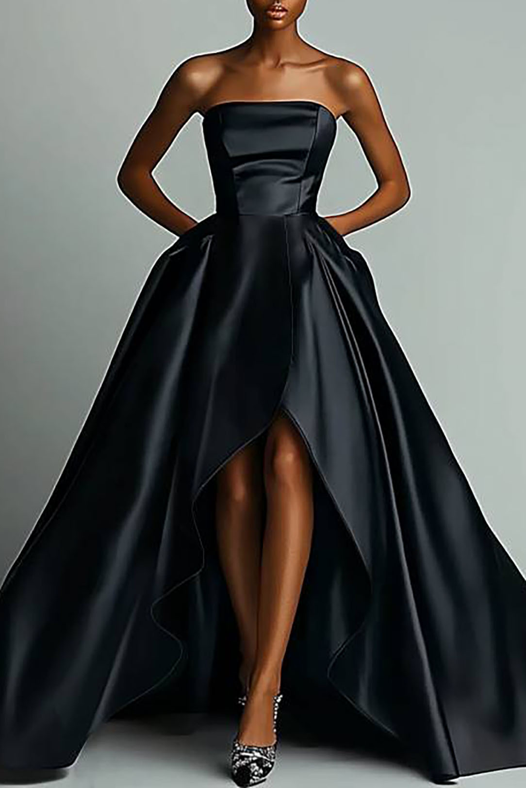 Evening Dress Black Strapless Front Short Back Long Floor-Length Gown