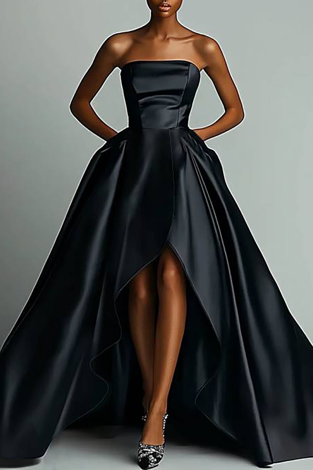 Evening Dress Black Strapless Front Short Back Long Floor-Length Gown