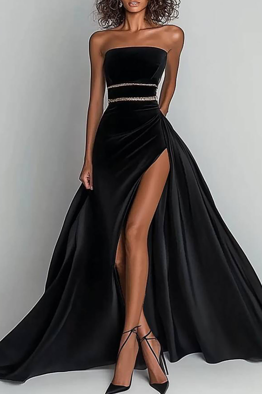 Formal Evening Dress Black Strapless High Slit Floor-Length Gown