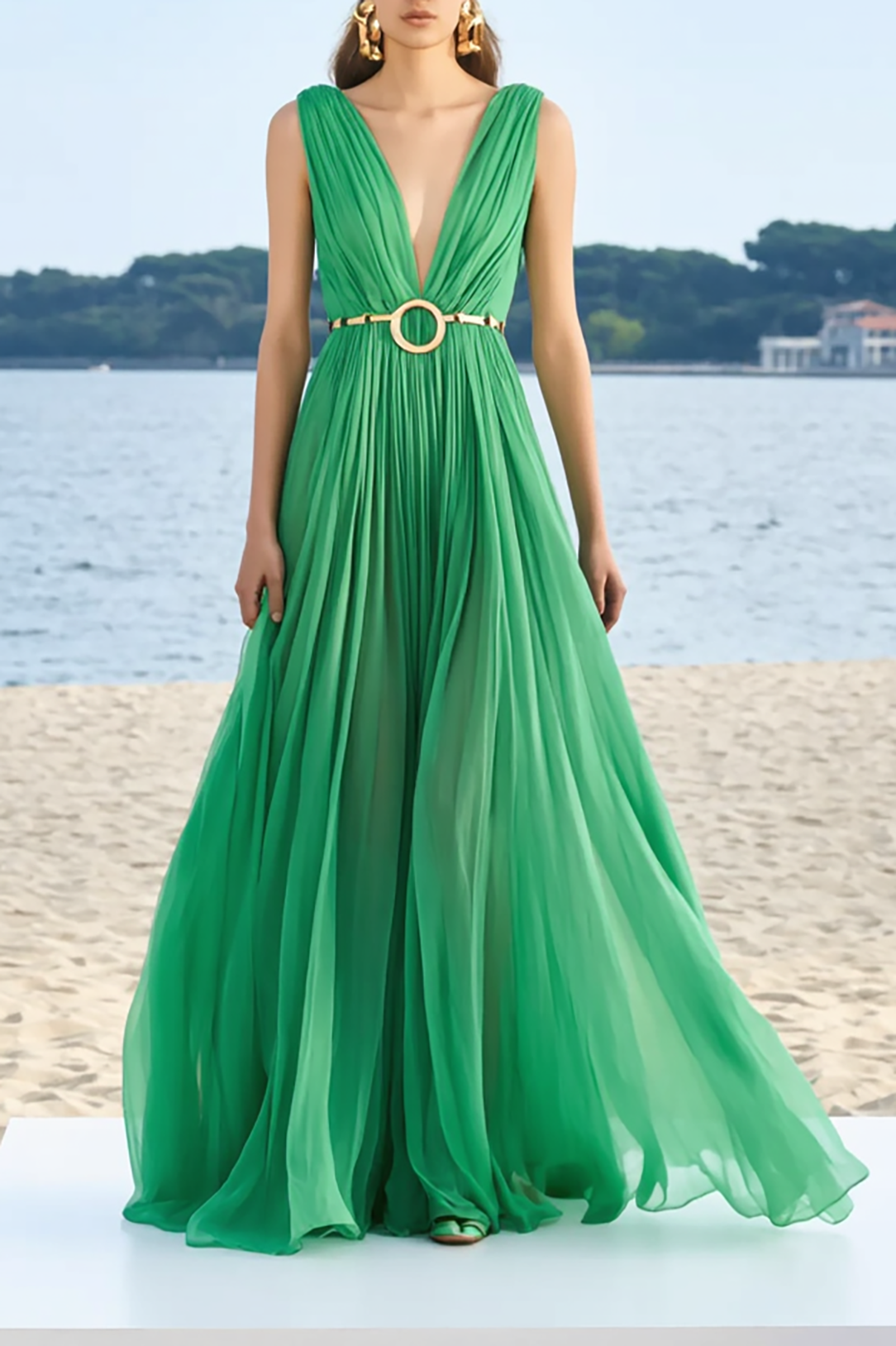 Evening Formal Dress Green Chiffon Deep V Sleeveless Floor-Length Gown