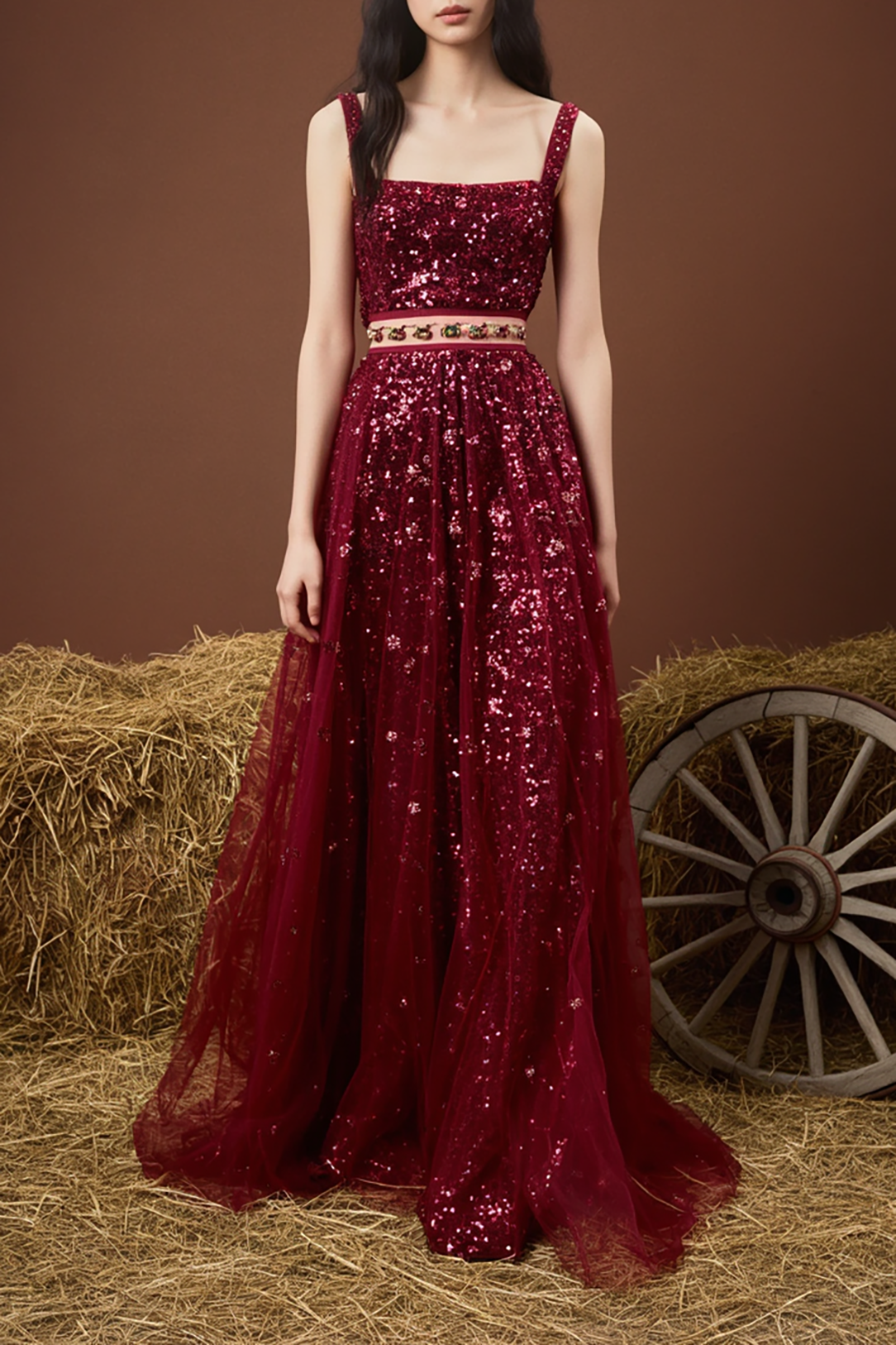 Evening Sequin Dress Red Spaghetti Straps Mesh Floor-Length Gown