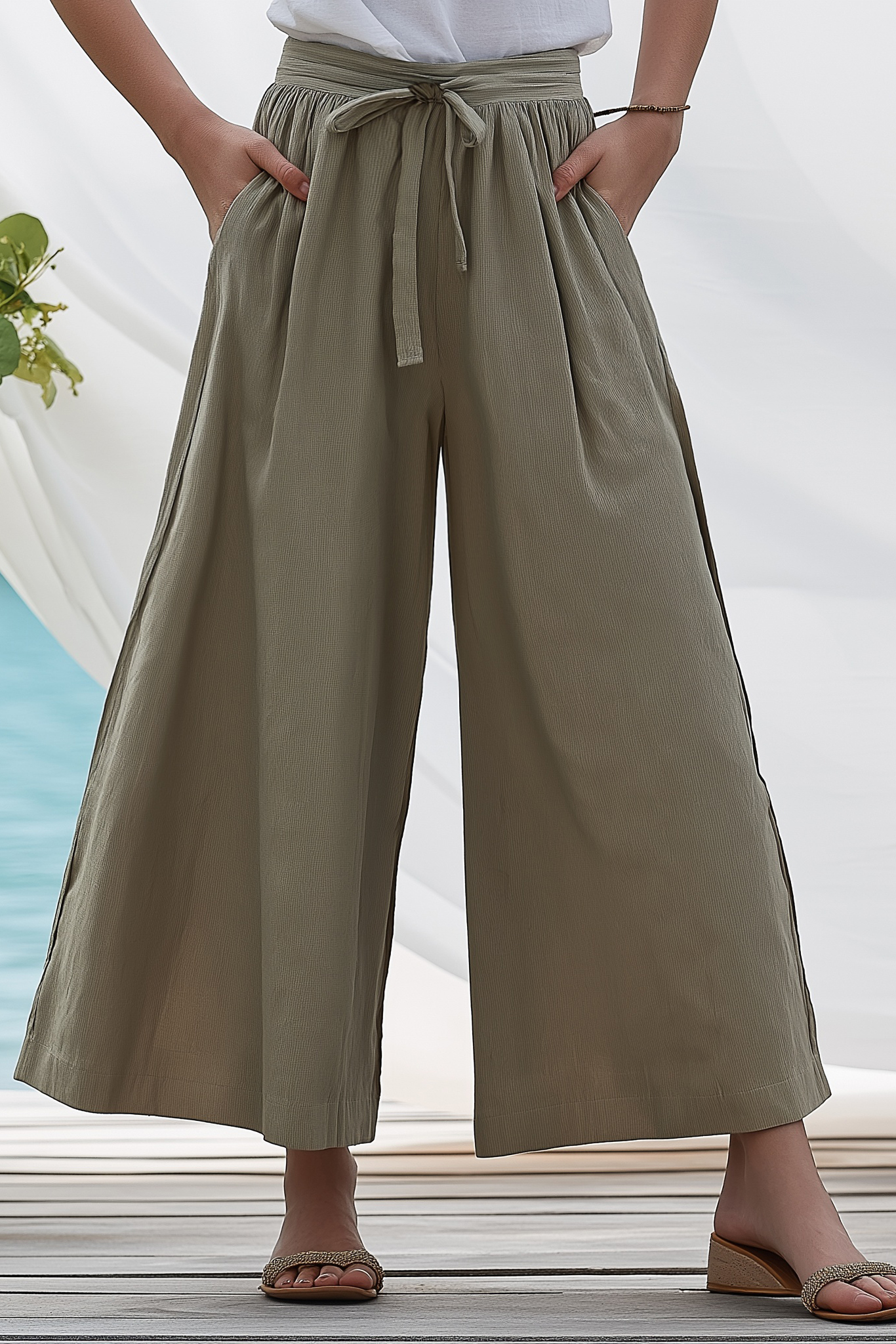 Casual Daily Pants Khaki Loose with Pockets Long Pants