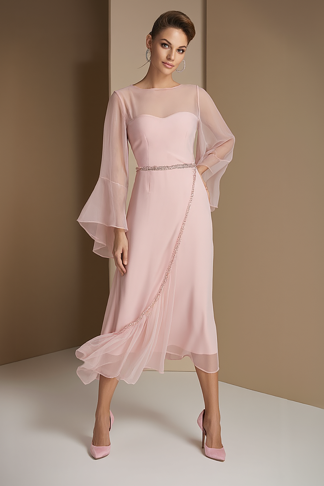 Semi-Formal Party Chiffon Dress Pink Round Neck Midi Dress