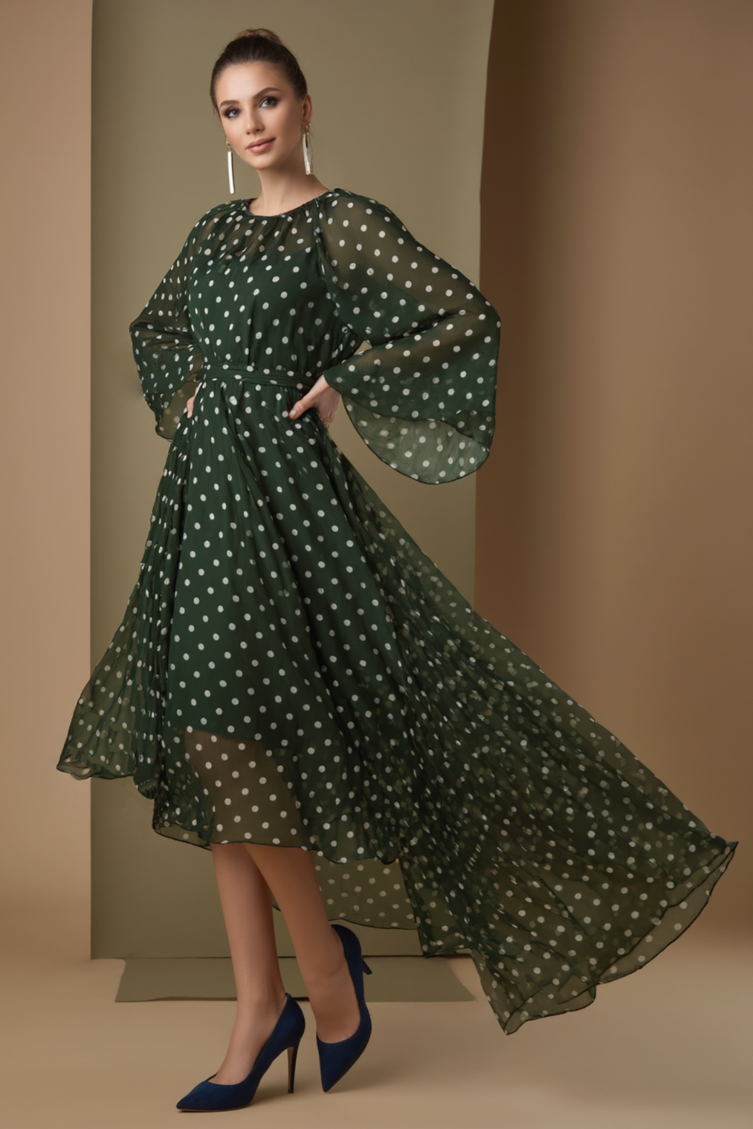 Daily Party Chiffon Dress Green White Polka Dot Maxi Dress