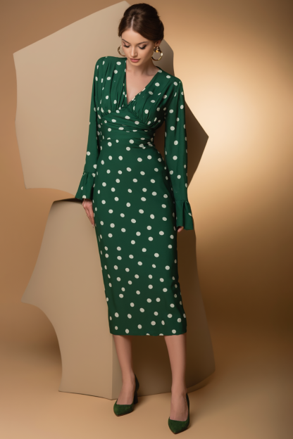 Daily Party Polka Dot Dress Green V-Neck Ruffle Long Sleeve Midi Dress