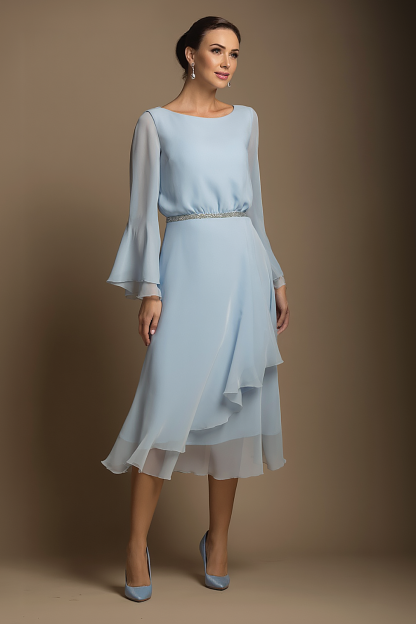 Daily Party Chiffon Dress Light Blue Round Neck Long Sleeve Ruffle Midi Dress