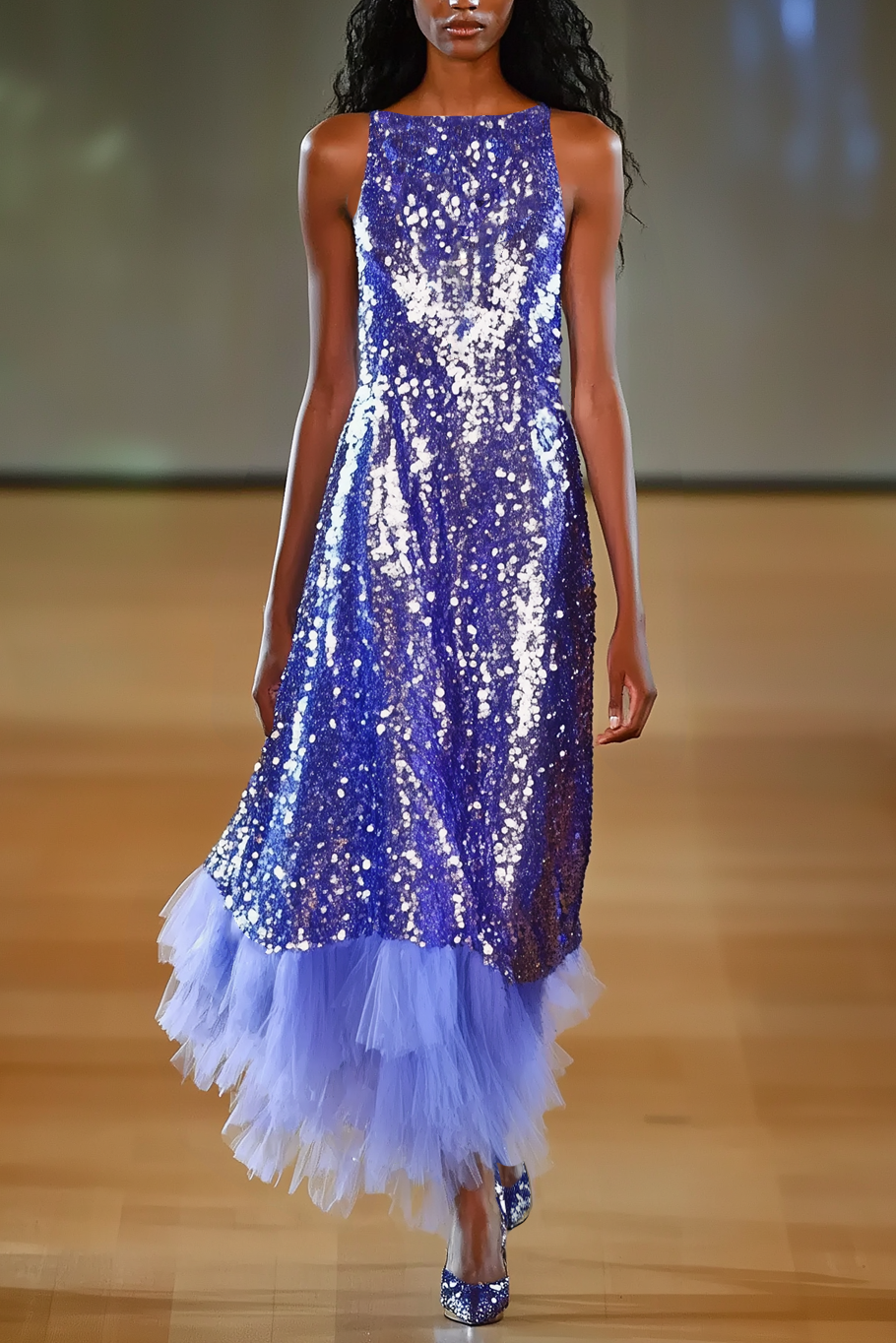 Party Sequin Dress Blue Sleeveless Mesh Panel Multi-Layer Maxi Dress