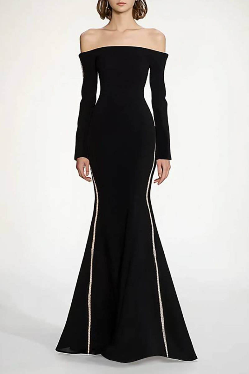 Formal Dress Black Off-Shoulder Long Sleeve Floor-Length Gown
