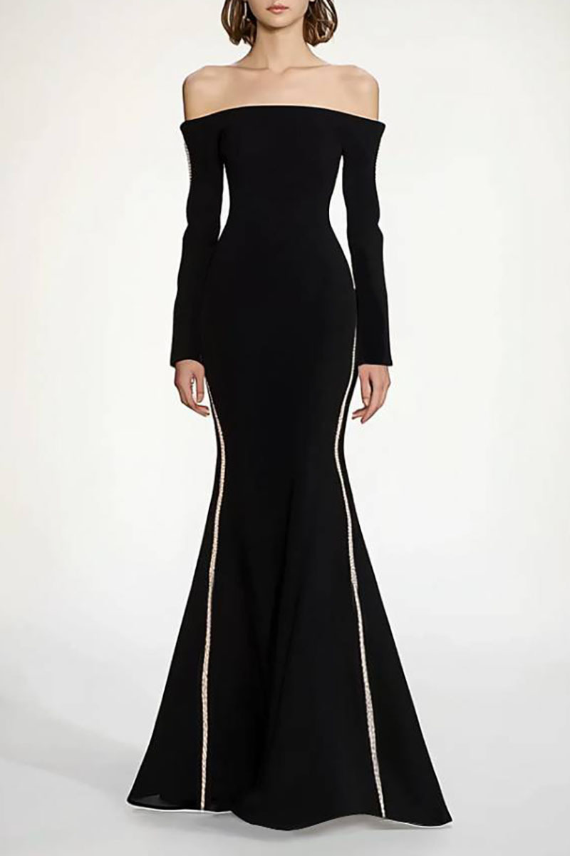 Formal Dress Black Off-Shoulder Long Sleeve Floor-Length Gown