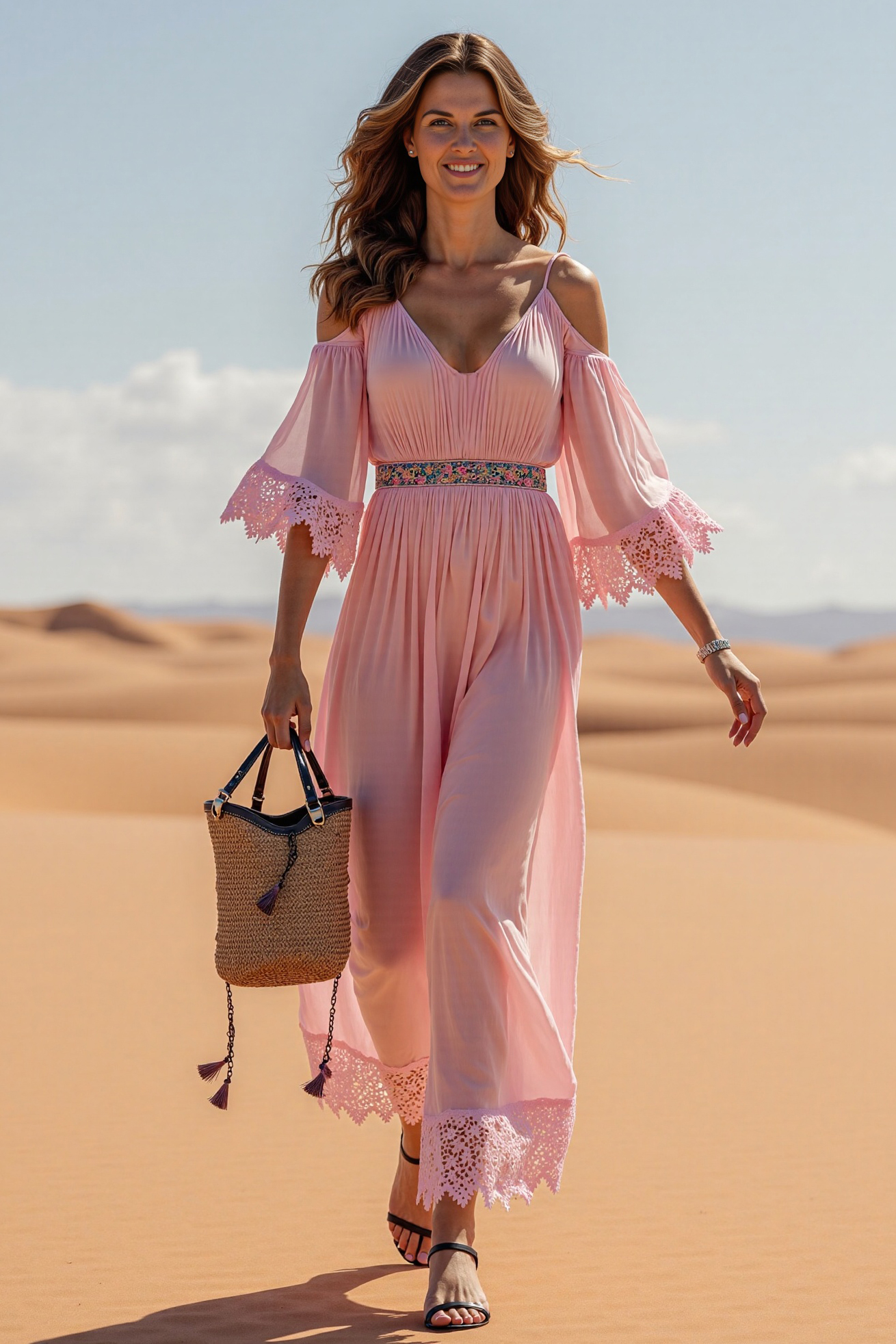 Bohemian Casual Dress Pink V-Neck Lace Trim Chiffon Maxi Dress