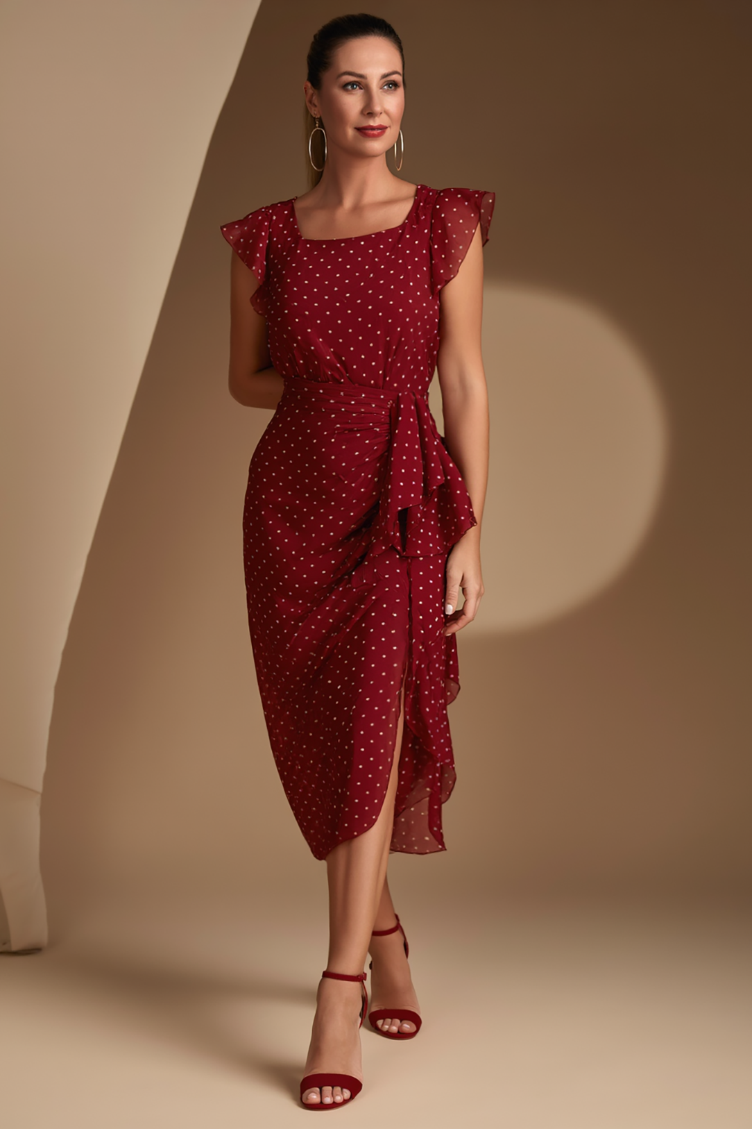 Daily Chiffon Dress Red Square Neck White Polka Dot Side Slit Midi Dress