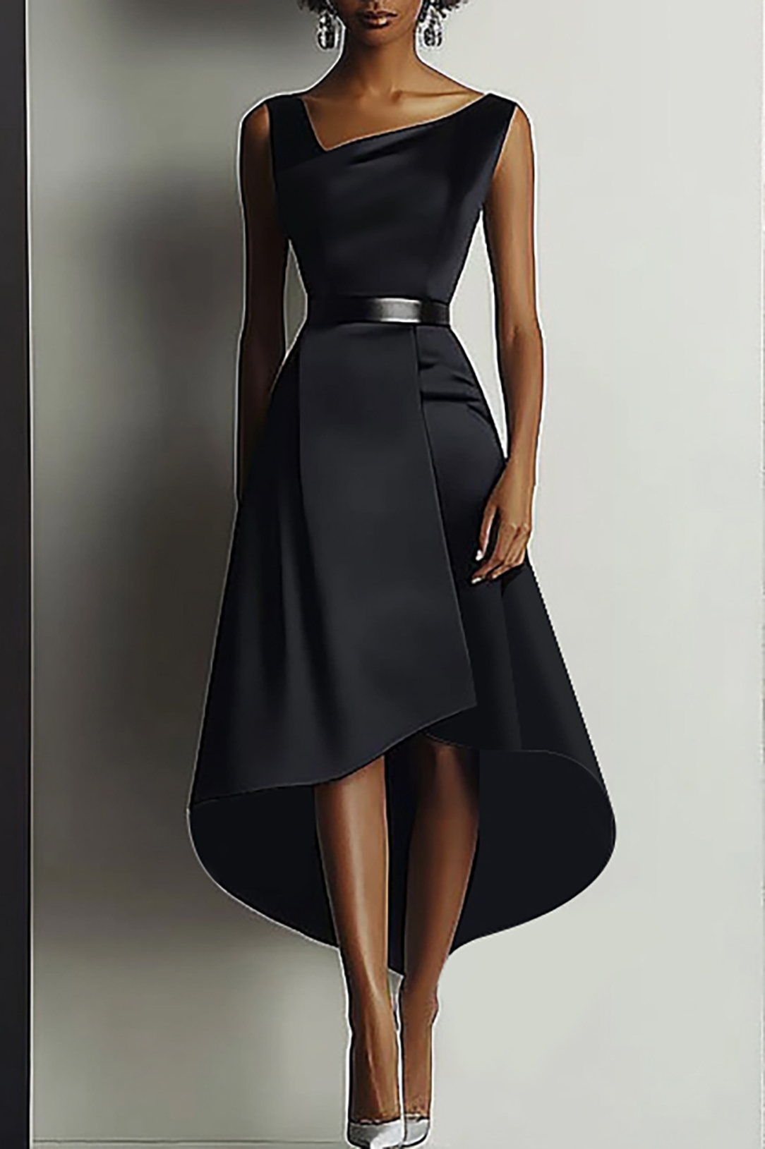 Semi-Formal Party Dress Black Sleeveless Front-Short Back-Long Maxi Dr