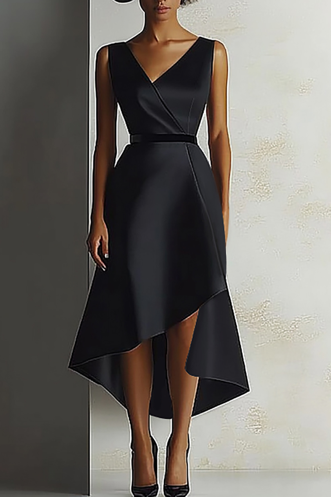 Semi-Formal Party Dress Black Asymmetric Neckline Sleeveless Maxi Dres
