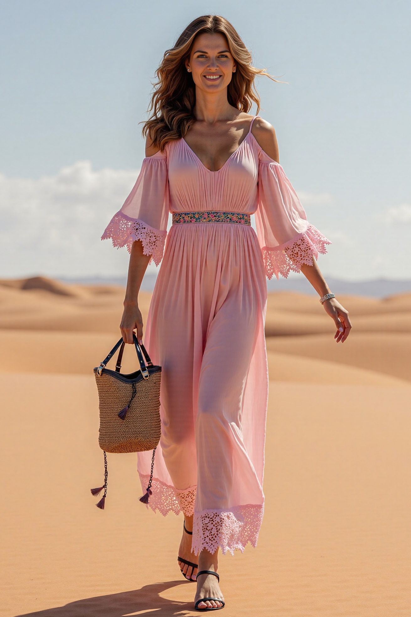 Bohemian Casual Dress Pink V-Neck Lace Trim Chiffon Maxi Dress