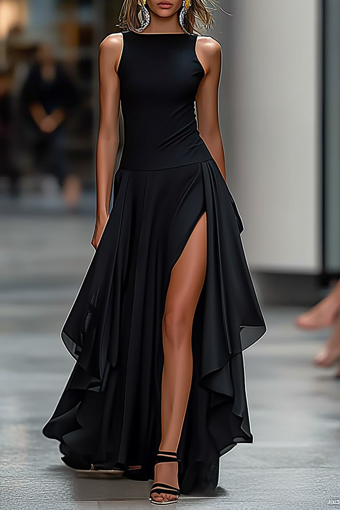 Formal Work Party Boat Neck Royal Blue Sleeveless Belted Slit Midi Dre