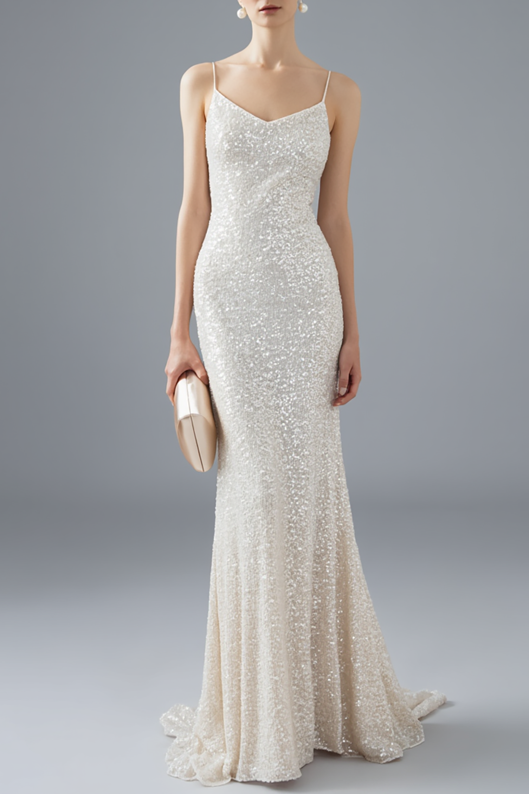 Holiday Evening Spaghetti Strap Sequin Dress White Mermaid Floor-Length Gown