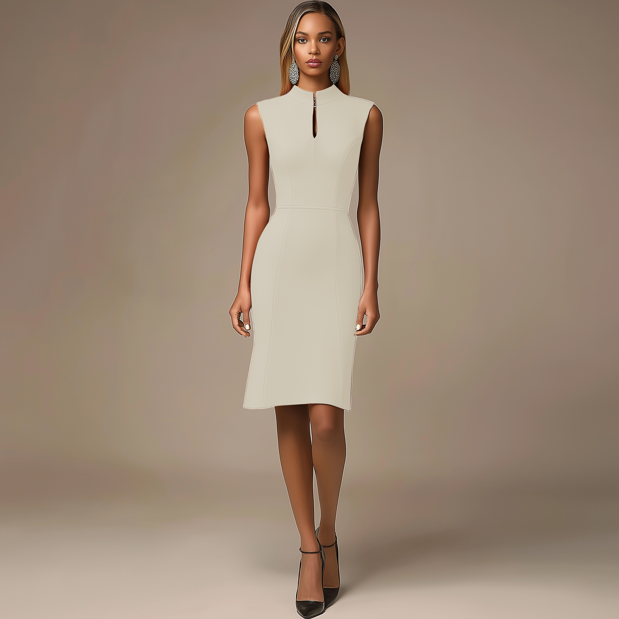 Work Business Red Dress Sleeveless Stand Collar Knee-Length Dress