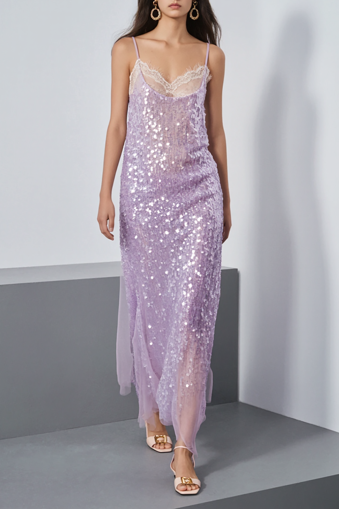 Party Sequin Dress Purple Spaghetti Strap Lace Midi Dress