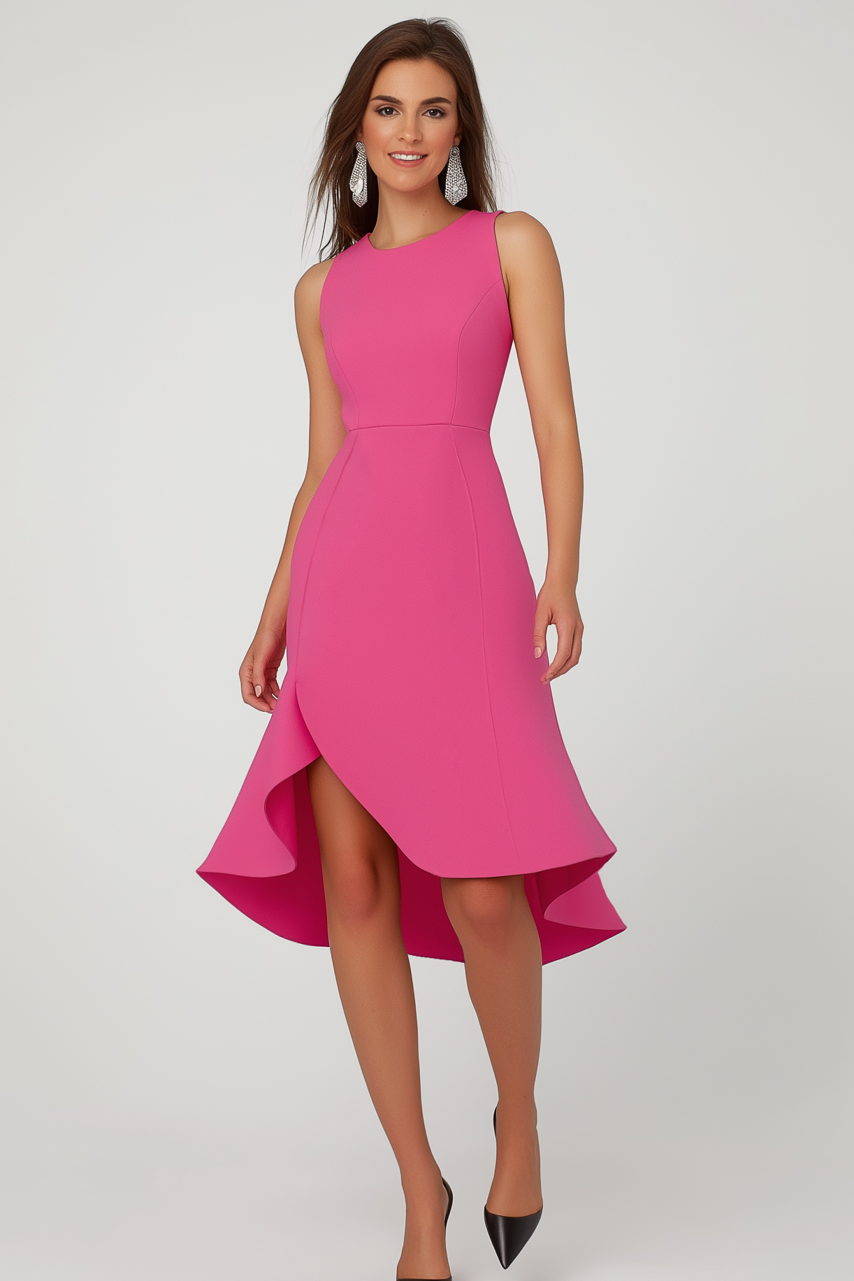 Semi-Formal Party Dress Pink Round Neck Sleeveless Midi Dress