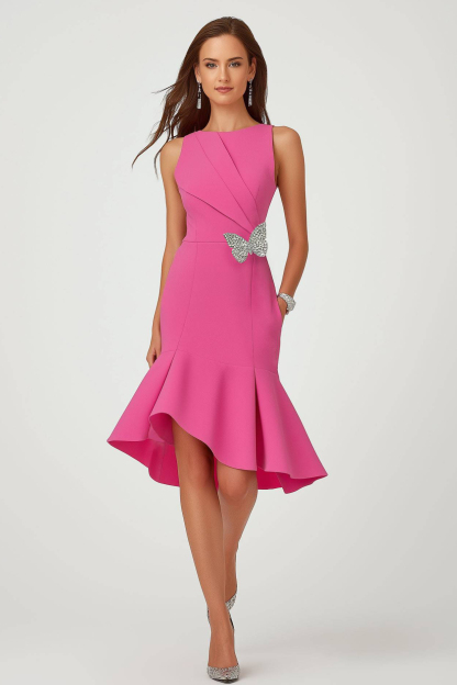 Semi-Formal Party Dress Pink Round Neck Butterfly Mermaid Midi Dress