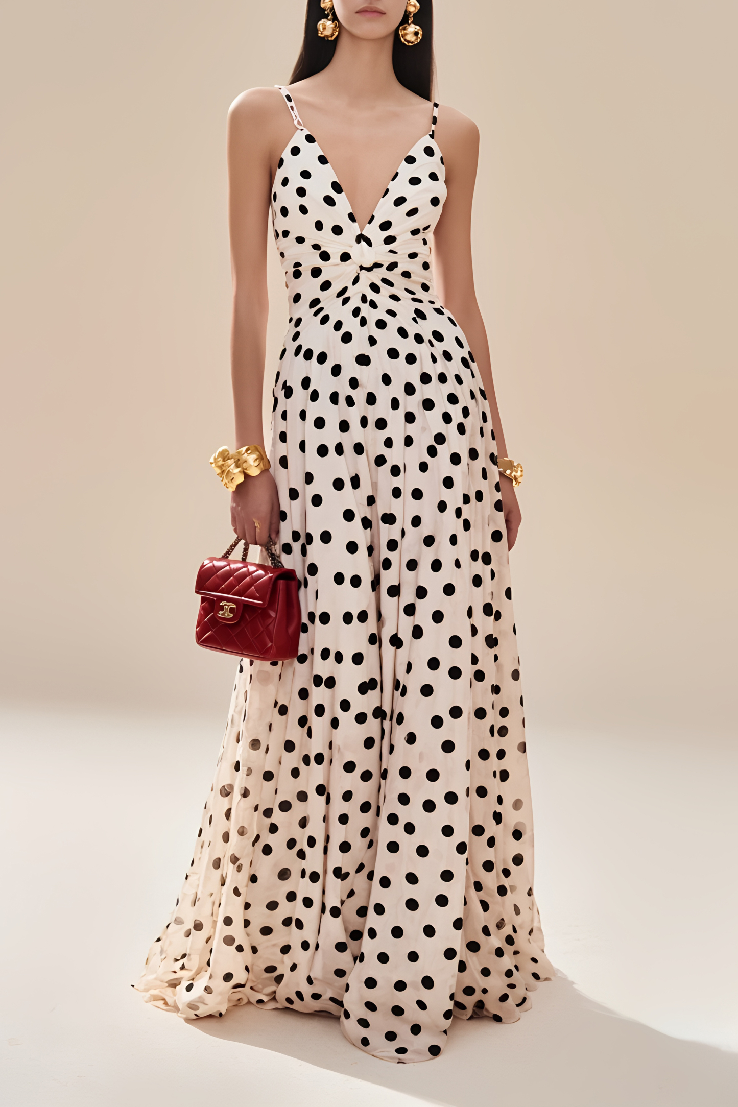 Holiday Party White Dress Spaghetti Strap Black Polka Dot Floor-Length